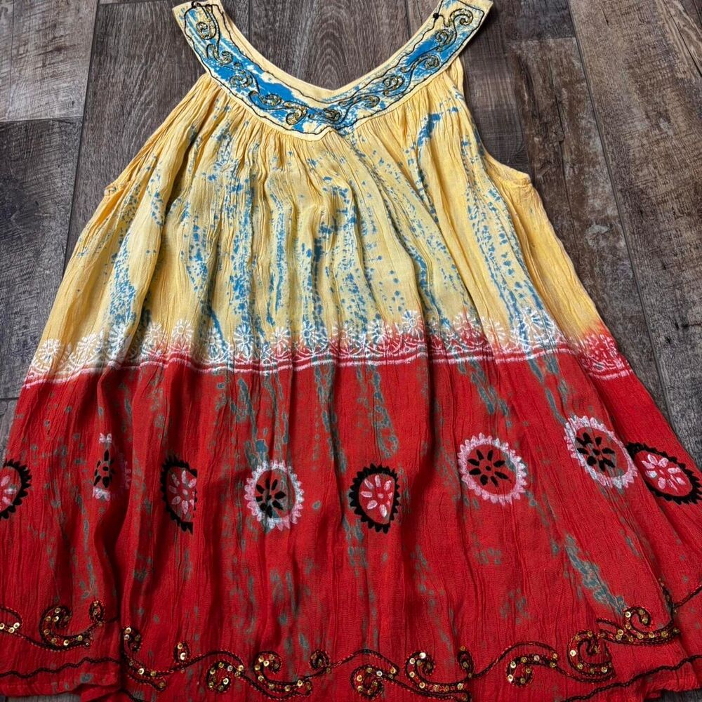 ISLAND STYLE Yellow Orange Blue V Neck Flowy Women's Medium Mini Vacation Dress